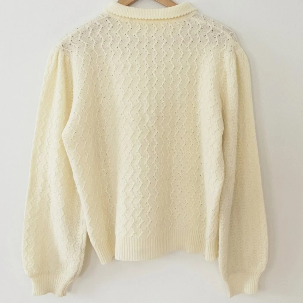 Vintage Inspured Retro Academia Office Cream Zig Zag Knit Wide Sleeve Sweater XL